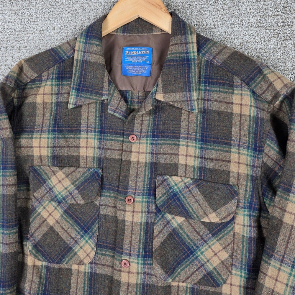 Pendleton Mens Large Brown Plaid Virgin Wool Board Shirt Button Up Flannel